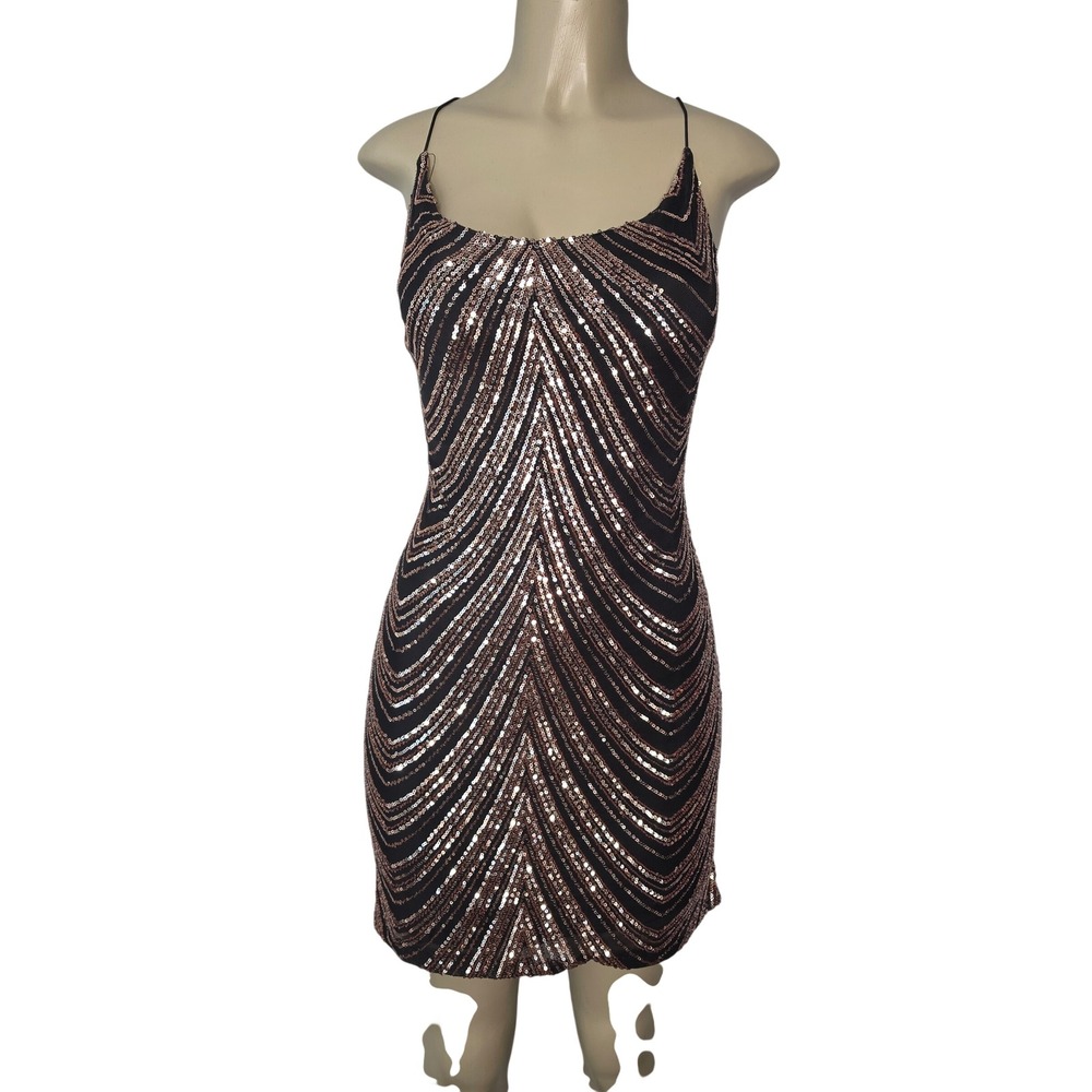B. Darlin Dress Women 7/8 Black Rose Gold Sequin Chevron Bodycon Mini Party NYE